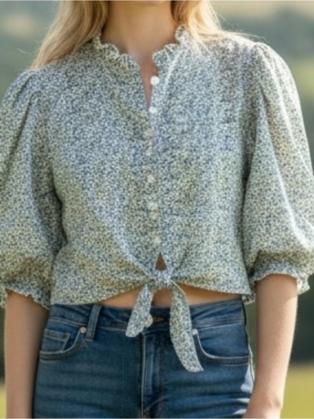 Tie-Front Puff Sleeve Floral Blouse - Green